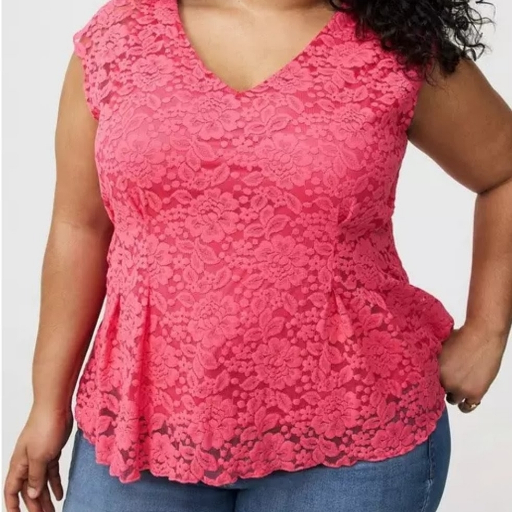 NWT Torrid Women's Lace V-neck Top Cap Sleeves‎ Slight Peplum Pink Whimsy Sz 2X